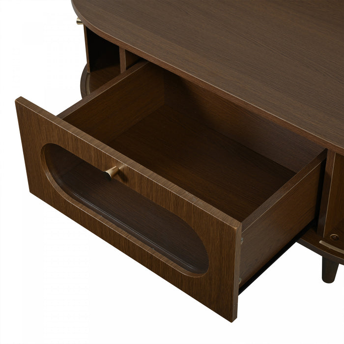 Grain 39.3 Inch Walnut Coffee Table with Roll-Up Door and Acrylic Drawer, Walnut