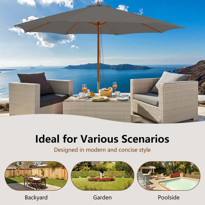 Costway 10FT Patio Wooden Market Table Umbrella Pulley with 8 Bamboo Ribs Sunshade Canopy Gray