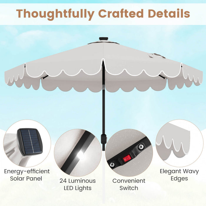 Costway 9.3 FT Solar Patio Umbrella Outdoor Market Sunshade with 24 LED Lights Ruffles Beige