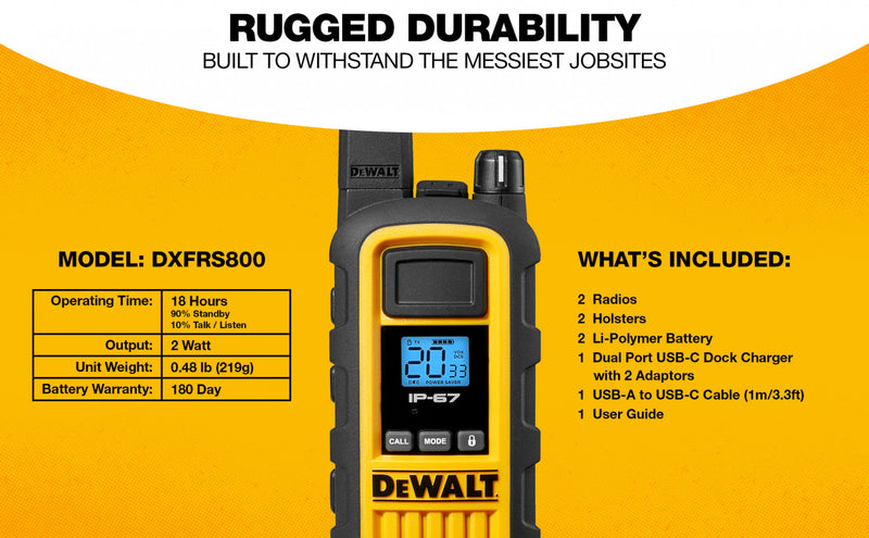 2 Dewalt Dxfrs800 Walkie Talkies - 2 Watt, Heavy Duty, 22 Channel Long Range Two Way Radios