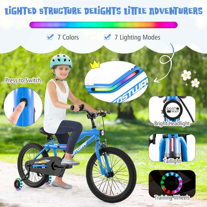 Costway 18\" Led Lighted Kids Bike With Adjustable Seat Coaster Brake Training Wheels Blue