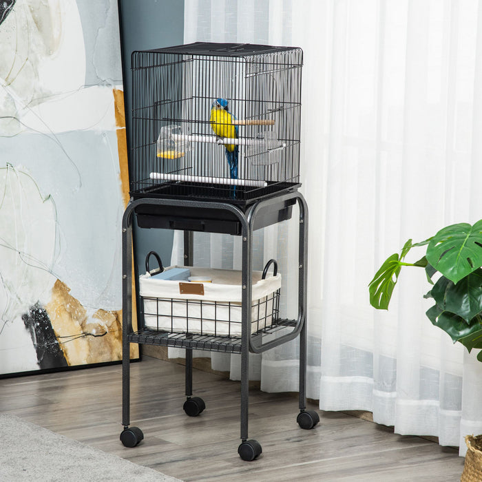 Pawhut 44.5\"h Metal Bird Cage Parrot Play Spot Stand W/ Wheel Storage Shelf Multi-doors Black