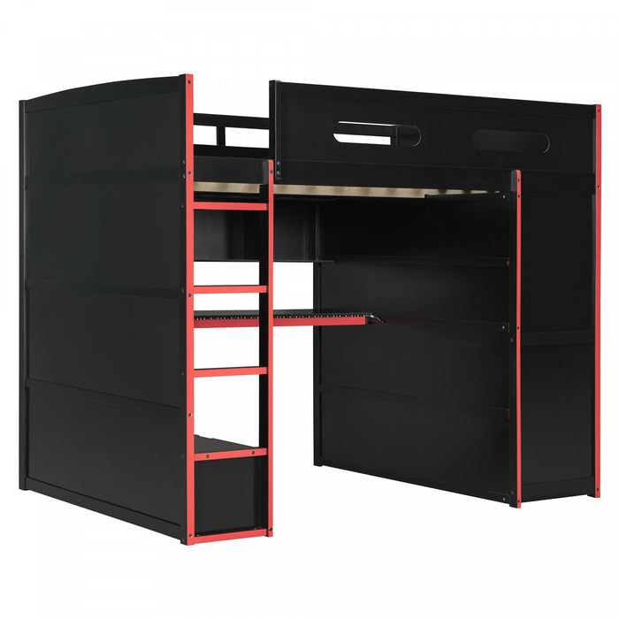 Jerry Wood Loft Bed with Desk and Storage,Full Size,Red Full Bed