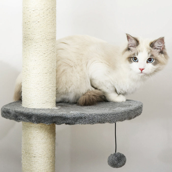 Pawhut 4-tier Floor To Ceiling Cat Tree, Tall Cat Tower With Scratching Post, Plush Padding, Toy Ball, Cat Condo For Indoor Cats, Light Grey