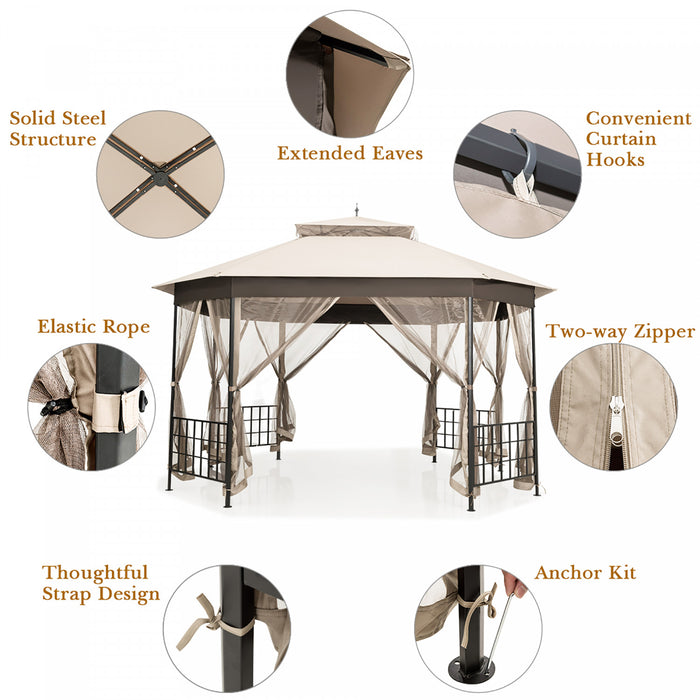 Costway 10'x12' Patio Gazebo Canopy Shelter Double Top Netting Sidewalls Beige