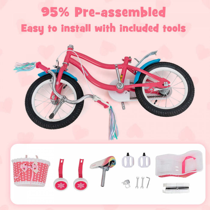 Costway 14 Inch Kids Bike With Basket Doll Seat & Colorful Streamers 2 Training Wheels Pink