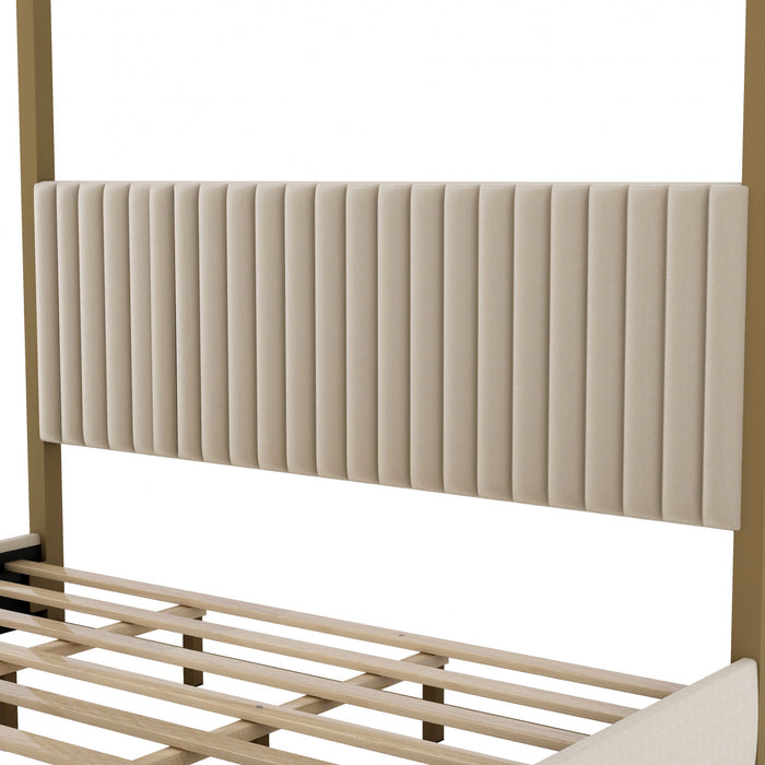 Sophia Upholstery Canopy Platform Bed with Foam Headboard and Velvet,King Size,Beige King Bed