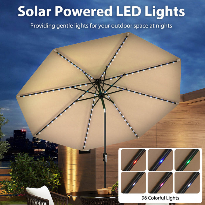 Costway 10 FT Solar Patio Umbrella with 96 LED Lights 35° Adjustable Tilt Vented Top Beige