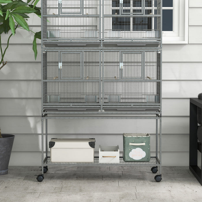 Pawhut 61 Inch Large Double Rolling Metal Bird Cage Bird House With Removable Metal Tray, Storage Shelf, Wood Perch, Food Container