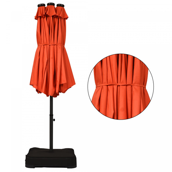 Costway 15Ft Patio Double-Sided Solar LED Market Umbrella Crank Base Orange