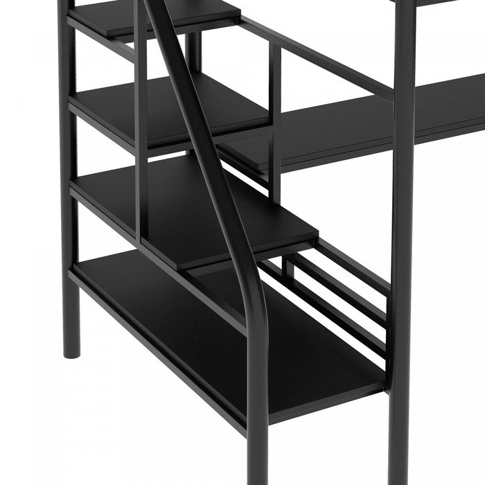 Cherry Twin Loft Space-saving Metal Bed With Desk, Led Light, Black