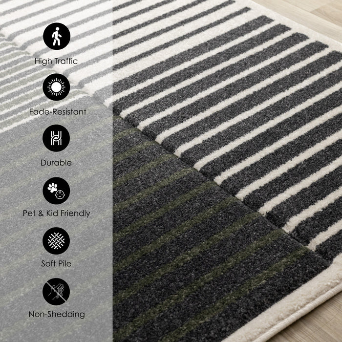 Maverick Green Black White Modern Striped Design Rug, 5'3\" x 7'7\" Indoor Area Rug