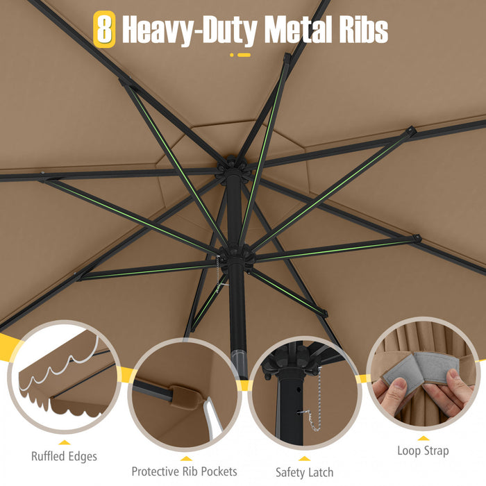 Costway 10 FT Patio Umbrella with Crank Tilt Adjustment Ruffles Vented Top 8 Ribs Brown