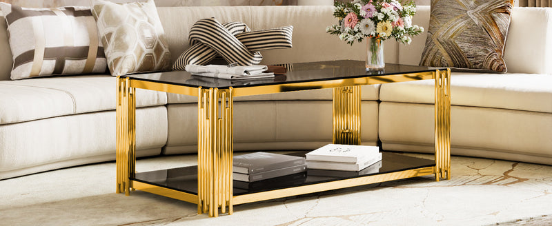 Aria 47.5 Inch Modern Rectangular Coffee Table with Asymmetrical Gold Frame and Mirror Top, Black