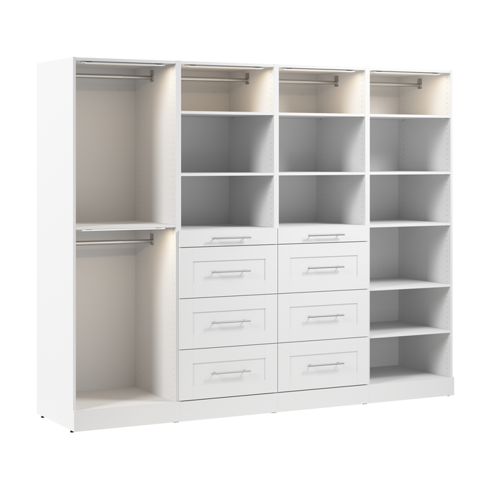 Bestar Florence 100\" Modular Reach-In/Walk-In Closet System with LED Lights, Rods, Shelves and Drawers Shaker Style - White