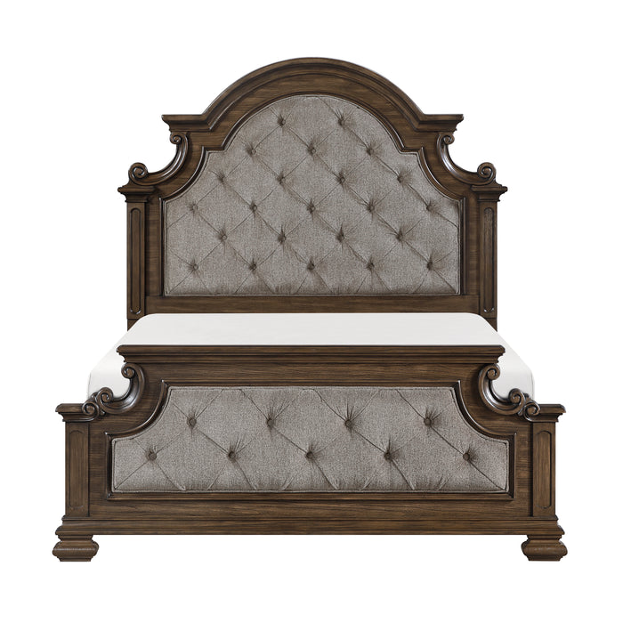 Ambrose Panel Bed with Headboard & Frame, Wooden, Fabric, Brown - Queen Size