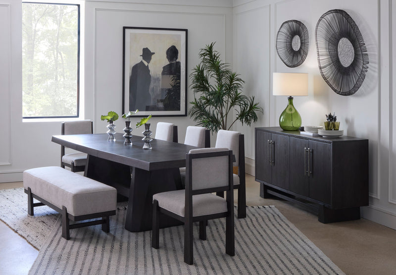 Arden 6pc Extension Dining Set with Table, Bench & 4 Chairs, Trestle Base, 84-108\"W - Espresso Brown