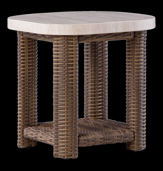 Banff Outdoor Patio End Table - Resin Wicker & Aluminum, Weather Resistant - Brown/Beige