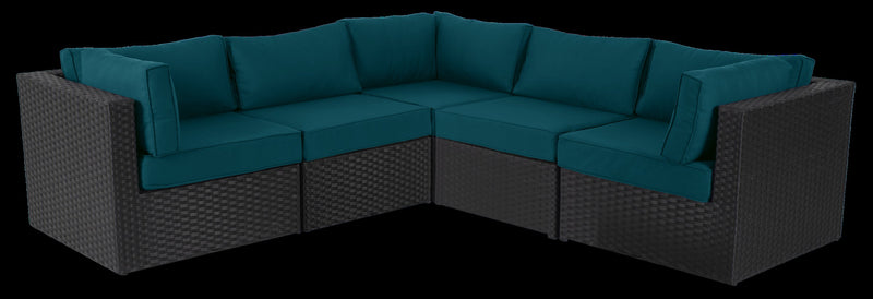 Barbados 5-Piece Outdoor Patio Set with 3 Corner Chairs & 2 Armless Chairs - Hand-Woven Resin Wicker, UV & Weather Resistant - Black/Blue