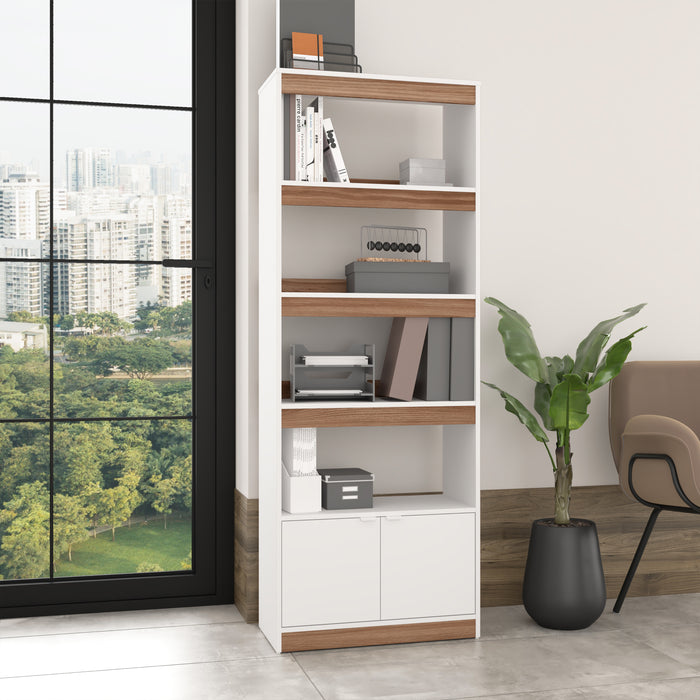 Manhattan Comfort Mid-Century Modern Ratzer Bookcase with 5 Shelves - White & Brown