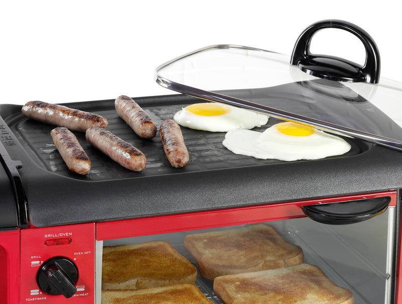 Nostalgia Retro 3-In-1 Family Size Breakfast Station with Red Toaster Oven - BST3RR