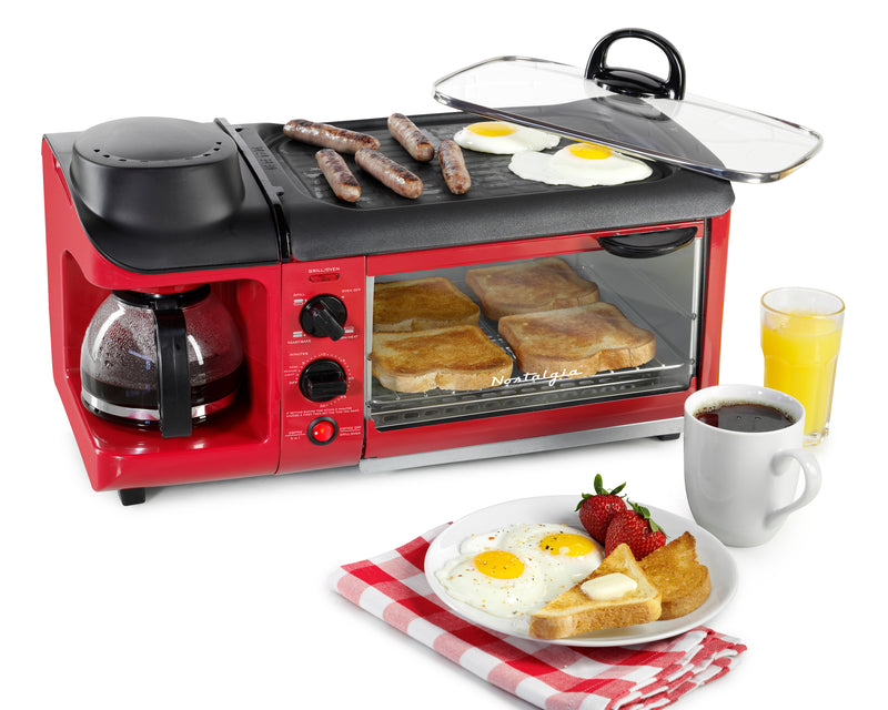 Nostalgia Retro 3-In-1 Family Size Breakfast Station with Red Toaster Oven - BST3RR