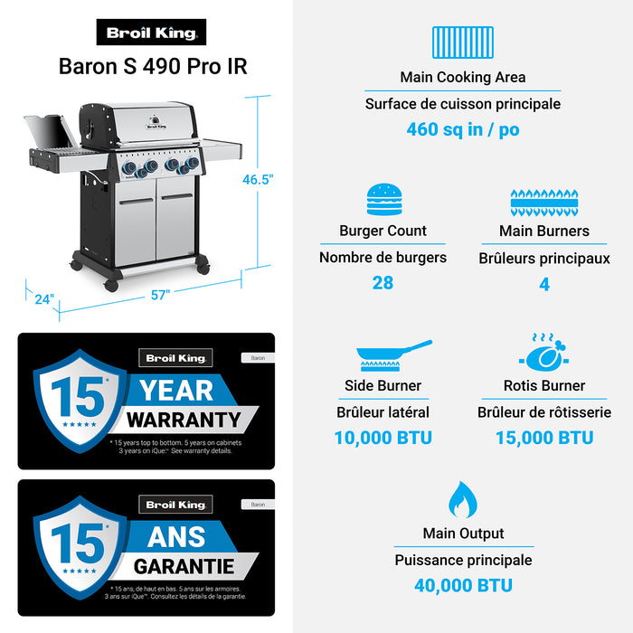 Broil King Baron S 490 Pro IR 4-Burner 40,000-BTU Propane Gas BBQ - 677344 Grill