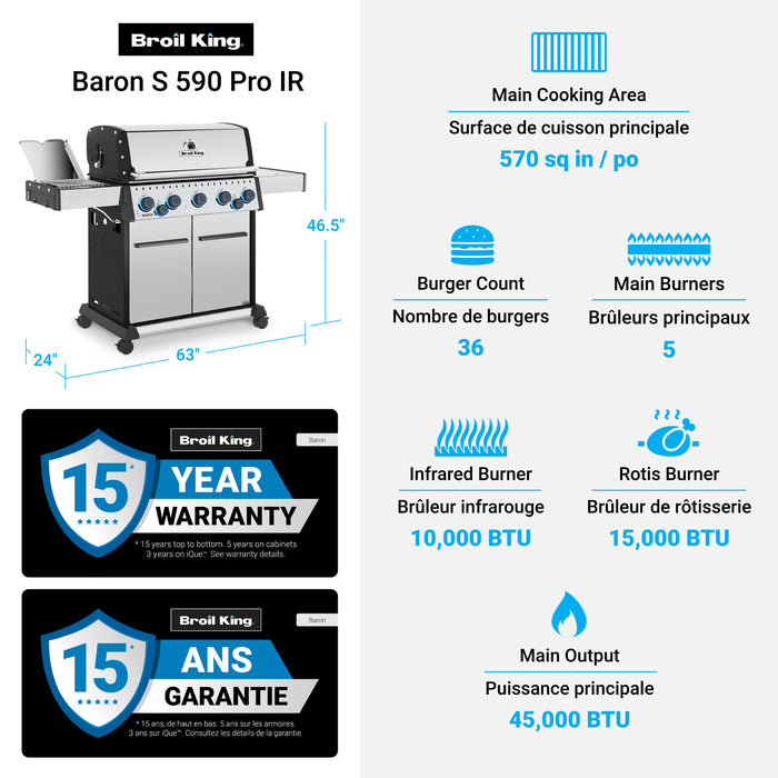 Broil King Baron S 590 Pro IR 5-Burner 45,000-BTU Propane Gas BBQ - 678344 Grill