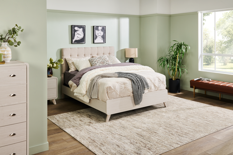 Cami Panel Bed with Fabric Headboard & Frame, Grey Oak - Queen Size