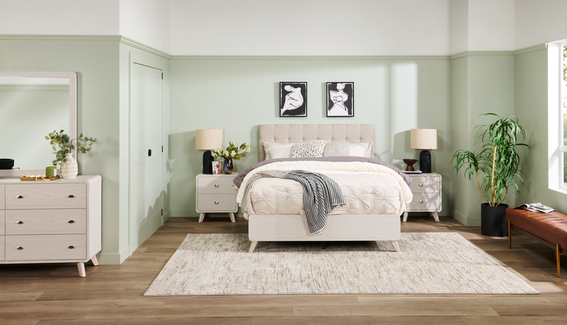 Cami Panel Bed with Fabric Headboard & Frame, Grey Oak - Queen Size