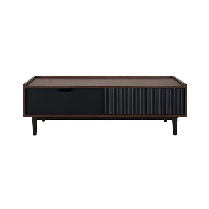 Manhattan Comfort Duane Modern Ribbed Coffee Table with Drawer & Shelf - Dark Brown & Black
