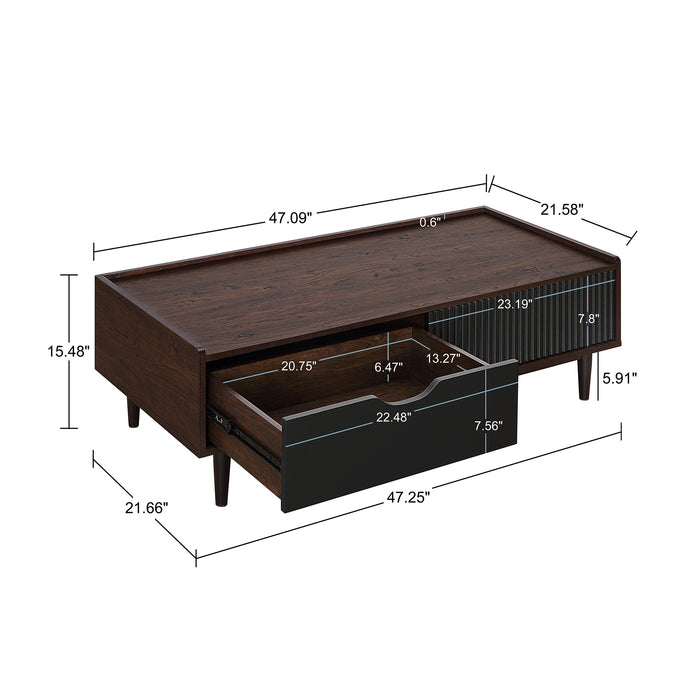 Manhattan Comfort Duane Modern Ribbed Coffee Table with Drawer & Shelf - Dark Brown & Black