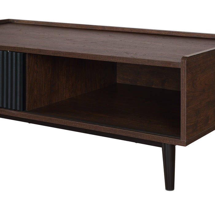 Manhattan Comfort Duane Modern Ribbed Coffee Table with Drawer & Shelf - Dark Brown & Black