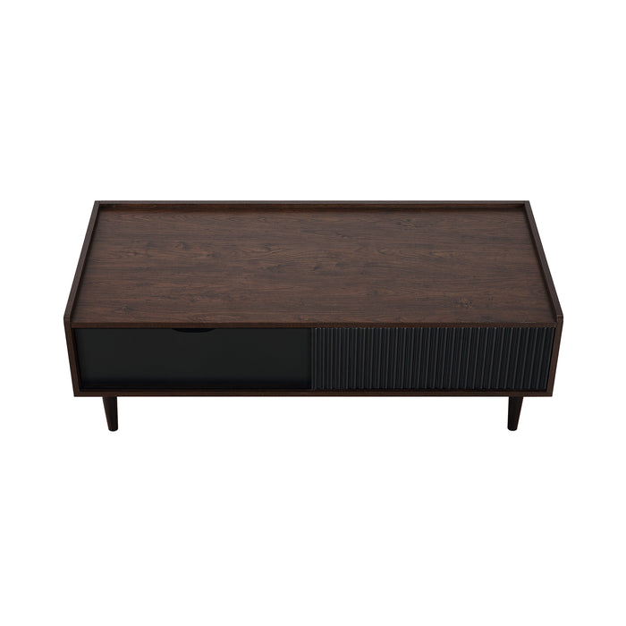 Manhattan Comfort Duane Modern Ribbed Coffee Table with Drawer & Shelf - Dark Brown & Black