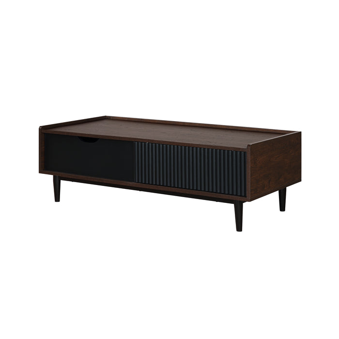 Manhattan Comfort Duane Modern Ribbed Coffee Table with Drawer & Shelf - Dark Brown & Black