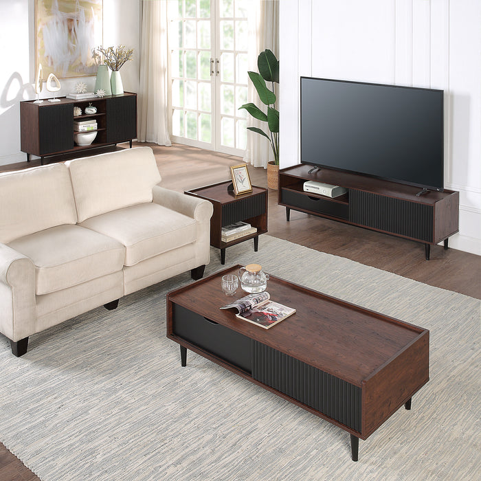 Manhattan Comfort Duane Modern Ribbed Coffee Table with Drawer & Shelf - Dark Brown & Black