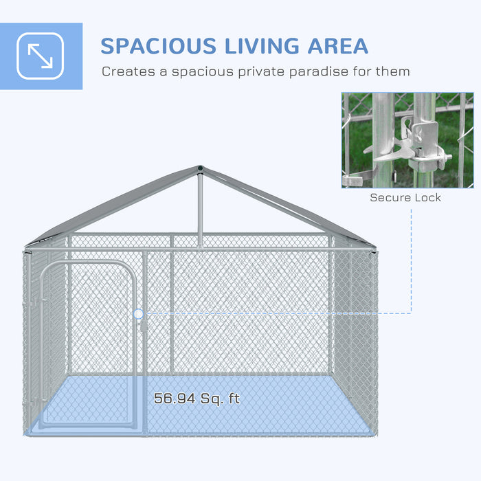 Pawhut Dog Kennel Outdoor Run Fence With Roof, Steel Lock, Mesh Sidewalls For Backyard & Patio, 7.5' X 7.5' X 5.7'