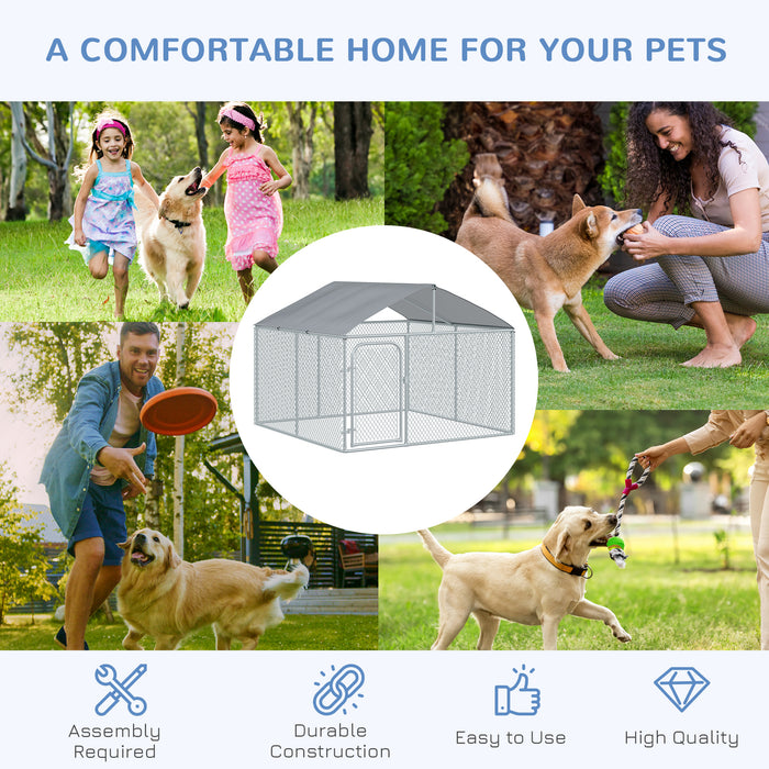 Pawhut Dog Kennel Outdoor Run Fence With Roof, Steel Lock, Mesh Sidewalls For Backyard & Patio, 7.5' X 7.5' X 5.7'
