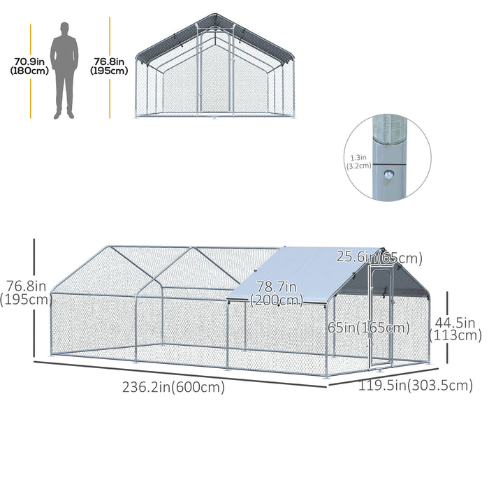 Pawhut 9.8' X 19.7' Metal Chicken Coop, Galvanized Walk-in Hen House, 3 Rooms Poultry Cage Outdoor With Waterproof Uv-protection Cover For Rabbits, Ducks