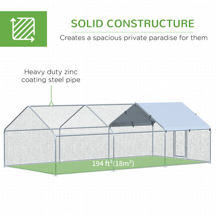 Pawhut 9.8' X 19.7' Metal Chicken Coop, Galvanized Walk-in Hen House, 3 Rooms Poultry Cage Outdoor With Waterproof Uv-protection Cover For Rabbits, Ducks