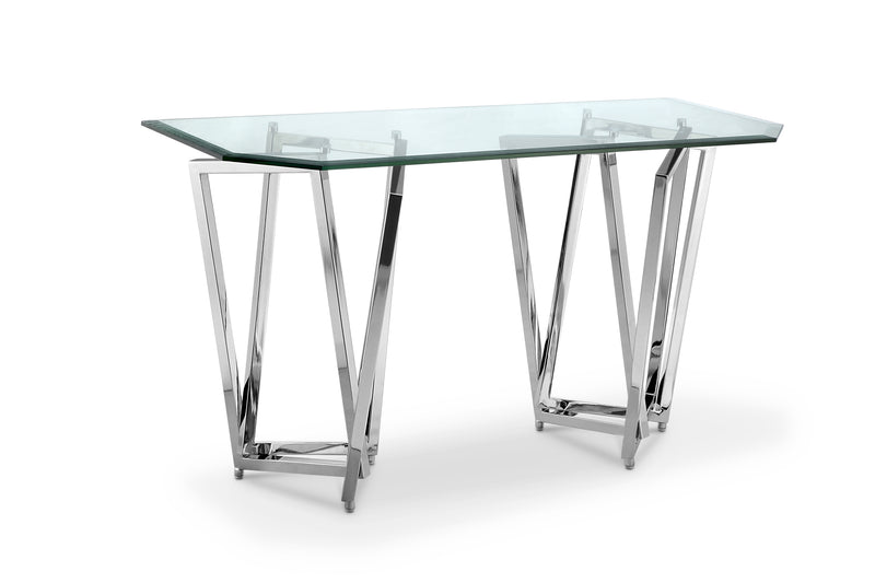 Drew 50” Modern Sofa Table with Glass Top and Metal Base – Chrome 