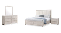 Elana 6pc Bedroom Set with Storage Bed, Dresser, Mirror & Nightstand, Beige – King Size
