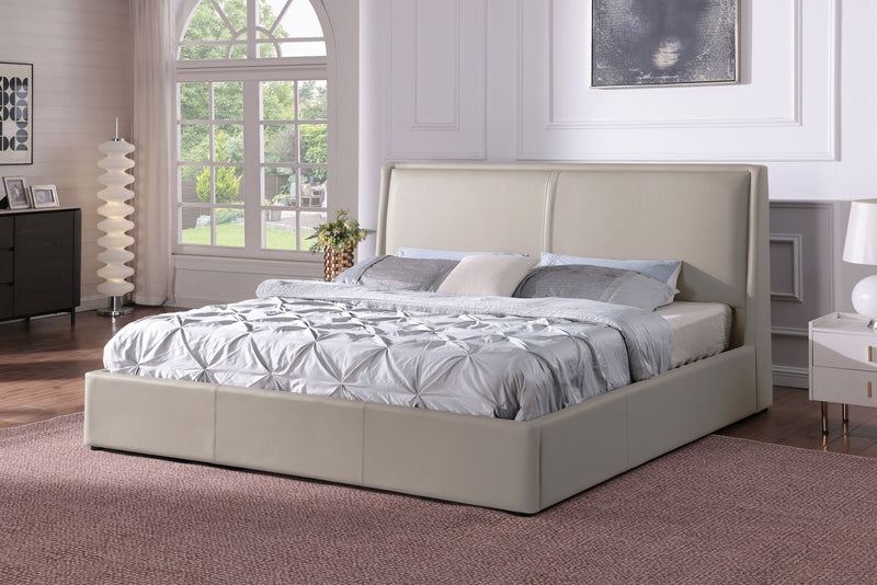 Nico Upholstered Storage Platform Bed in Vegan Leather Taupe Fabric, Hyrdraulic Lift  - King Size