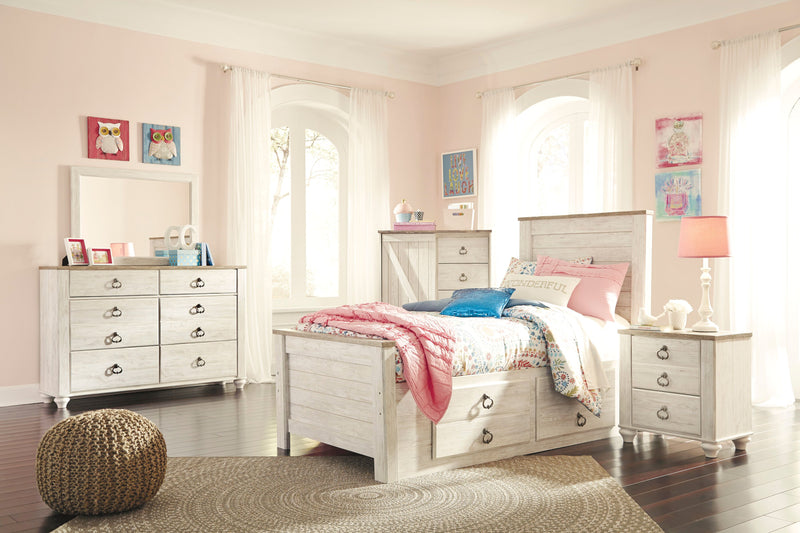 Willowton Platform Storage Bed with Headboard & Frame for Kids, Whitewash - Twin Size