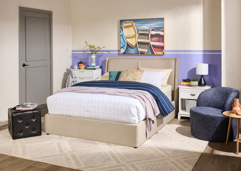 Nico Upholstered Storage Platform Bed in Vegan Leather Taupe Fabric, Hyrdraulic Lift  - Queen Size