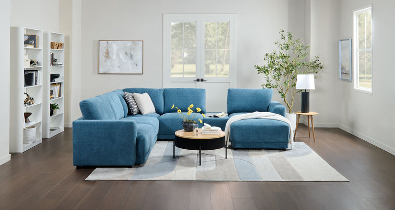 Voyage Modular 6-Piece Right-Facing Fabric Sectional with Console and Removable Back Cushions – Blue