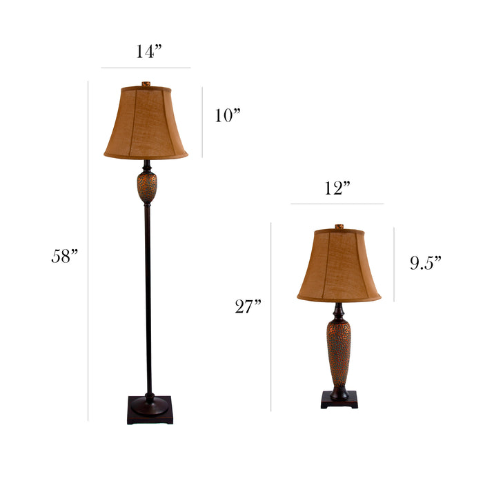 Elegant Designs 3-Piece Two Table Lamp and One Floor Lamp Set - Hammered Bronze