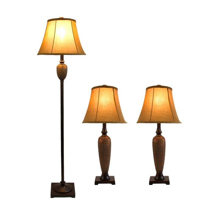 Elegant Designs 3-Piece Two Table Lamp and One Floor Lamp Set - Hammered Bronze