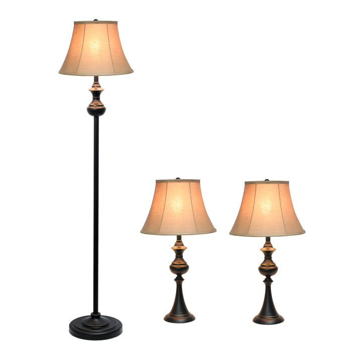 Elegant Designs 3-Piece Two Table Lamp and One Floor Lamp Set - Restoration Bronze
