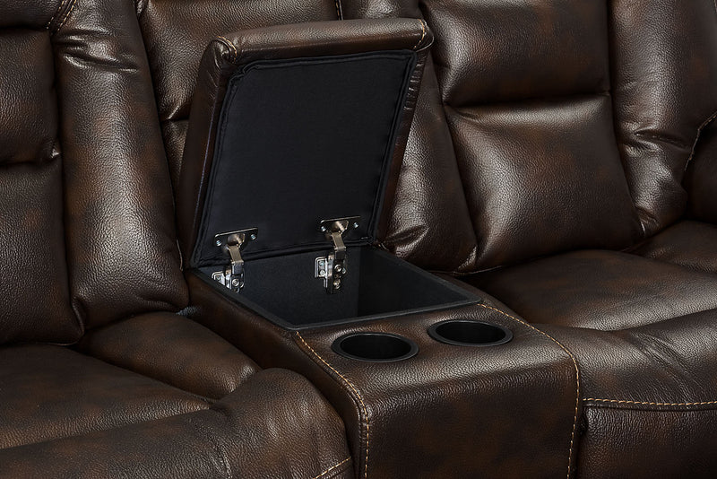 Leo 78\" Leather-Look Fabric Glider Reclining Loveseat with Storage Console - Walnut Brown